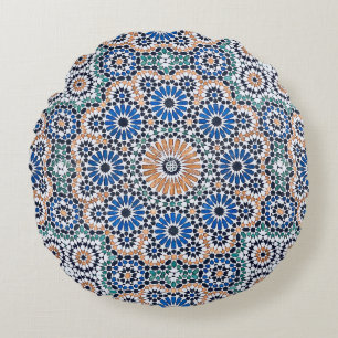 Vintage Moroccan Blue Floral Pattern Round Pillow