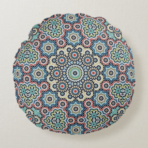 Vintage Moroccan Blue & Teal Pattern Round Pillow