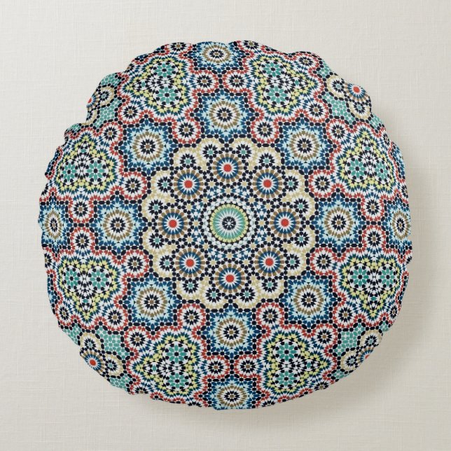 Vintage Moroccan Blue & Teal Pattern Round Pillow (Front)