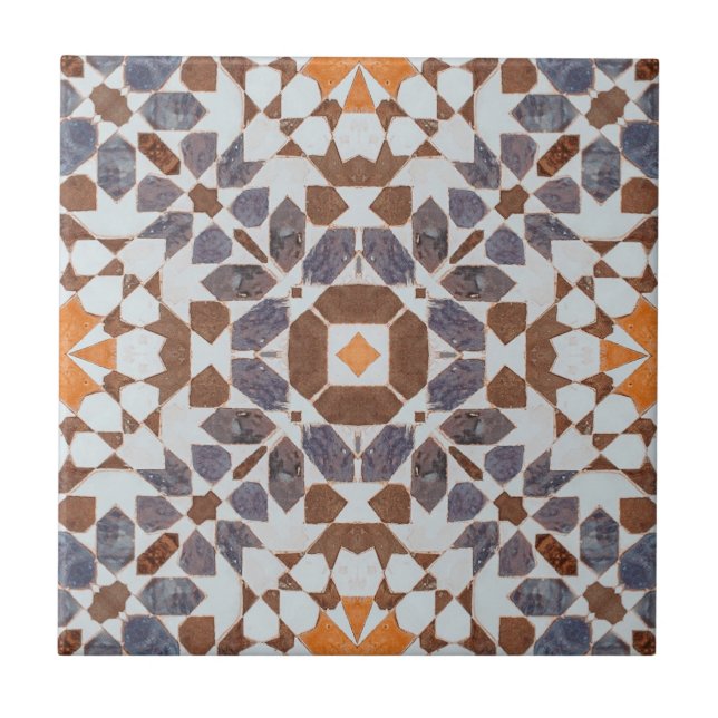 Vintage Moroccan Mosaic Orange Blue Ceramic Tile (Front)