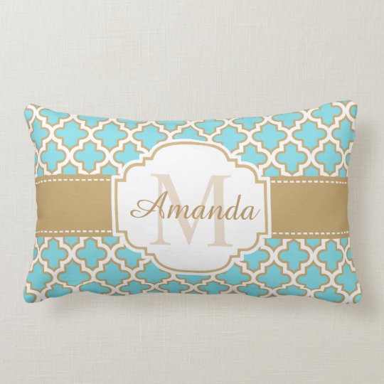Vintage Moroccan Quatrefoil Gold Cyan Monogram Lumbar Pillow
