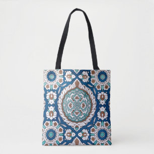 Vintage Moroccan Teal & Blue Floral Pattern Tote Bag