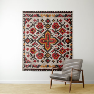 Vintage Moroccan Tribal Orange Floral Pattern Tapestry