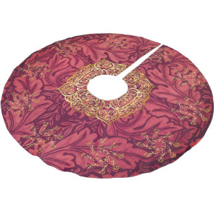 Vintage Morris Gold Exotic Snowflakes Burgandy  Brushed Polyester Tree Skirt