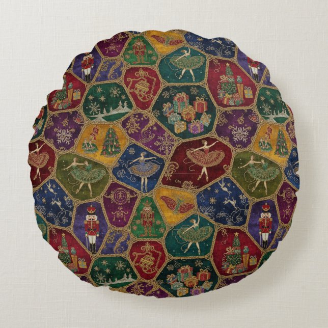 Vintage Mosaic Nutcracker Ballet Festive Custom Round Pillow (Front)