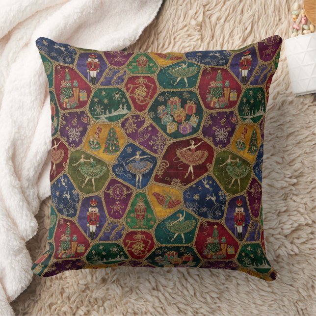 Vintage Mosaic Nutcracker Ballet Festive Custom Throw Pillow (Blanket)