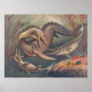 Vintage Mosasaurus vs. Ichthyosaurs Print