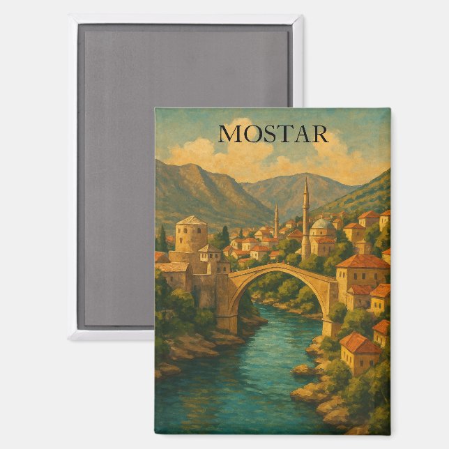 Vintage Mostar Bridge Bosnia Travel Magnet (Front/Back)