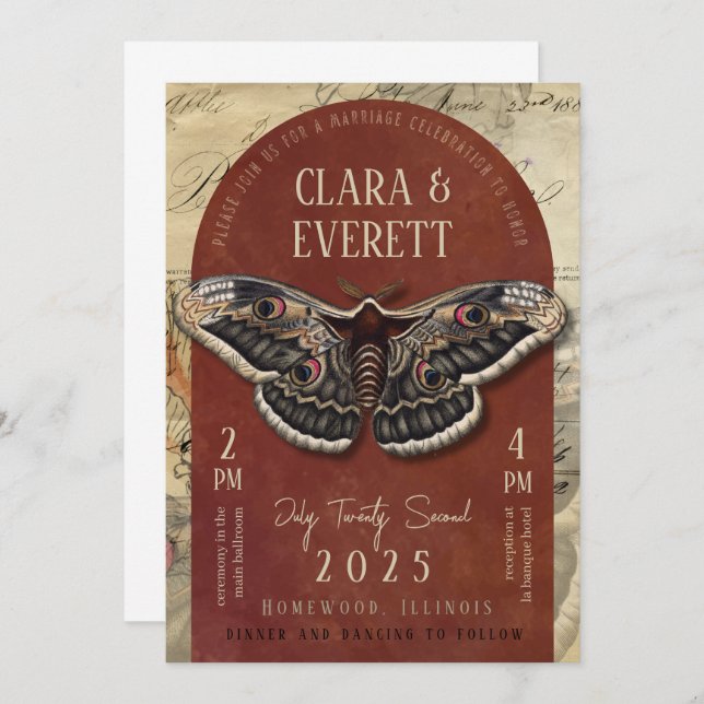 Vintage Moth Wedding Invitation with Rustic Arch (Front/Back)