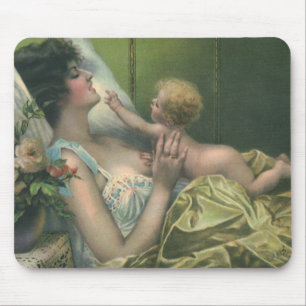 Vintage Mother and Baby Playing in Bed Mouse Pad