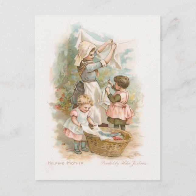 Vintage Mother and Children Hanging Laundry Holiday Postcard (Front)