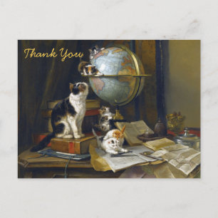 Vintage Mother Cat Kittens World Globe Thank You Postcard