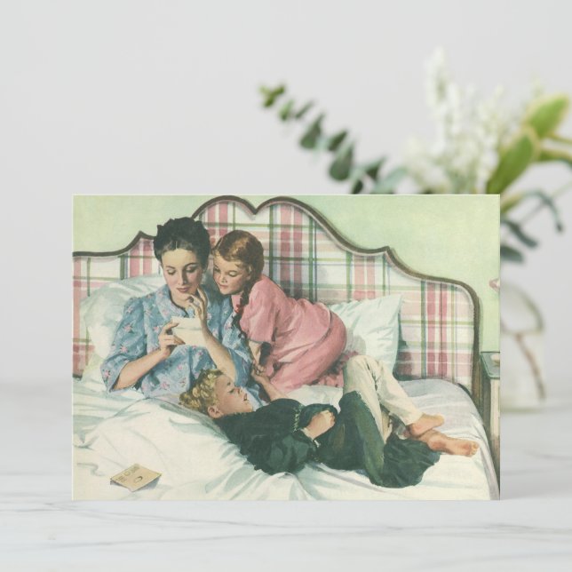 Vintage Mother Day, Children Reading Cards in Bed  (Standing Front)