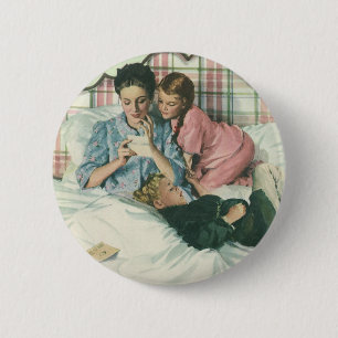 Vintage Mother Day, Children Reading Cards in Bed  2 Inch Round Button