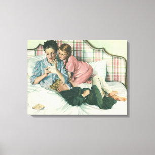 Vintage Mother Day, Children Reading Cards in Bed  Canvas Print