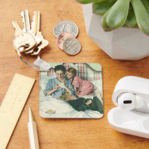 Vintage Mother Day, Children Reading Cards in Bed  Keychain
