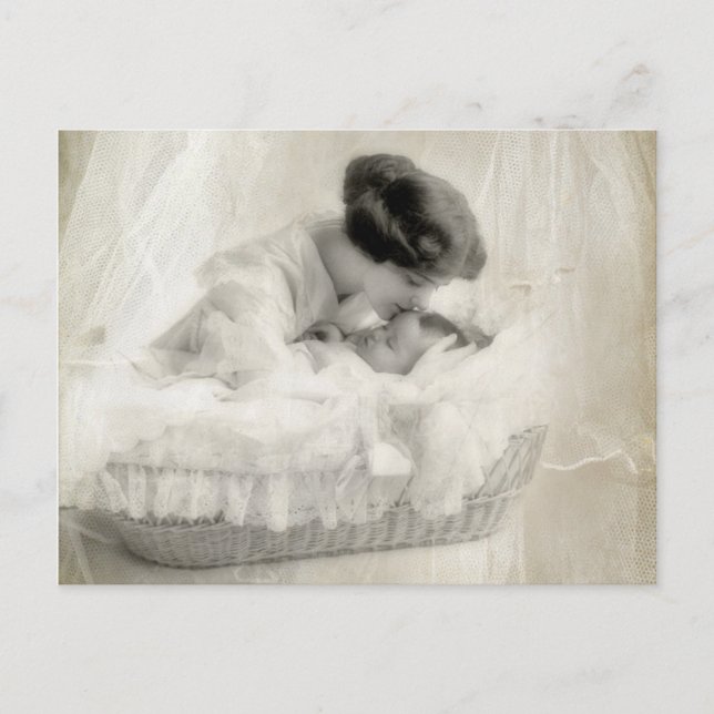 Vintage Mother Kissing Baby in Bassinet Postcard (Front)