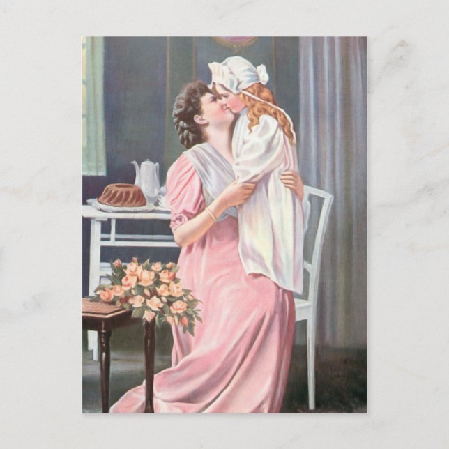 Vintage Mother Kissing her Daughter Holiday Postcard (Front)