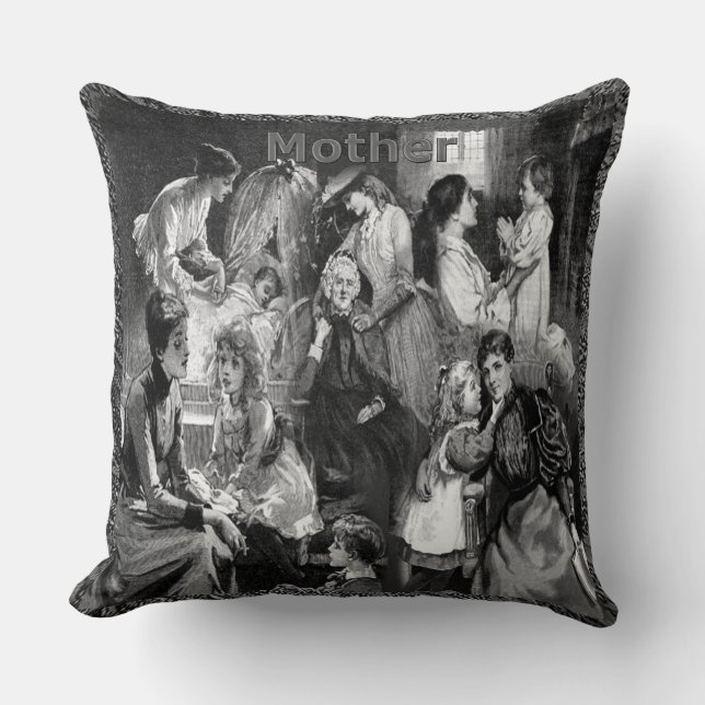 Vintage Mothers and Children Collage Grey Pattern Throw Pillow (Front)
