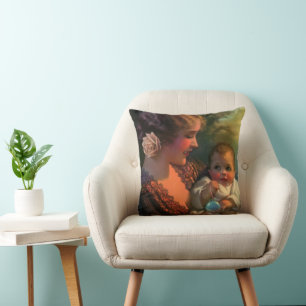 Vintage Mother's Day Portrait, Mom and Baby Throw Pillow