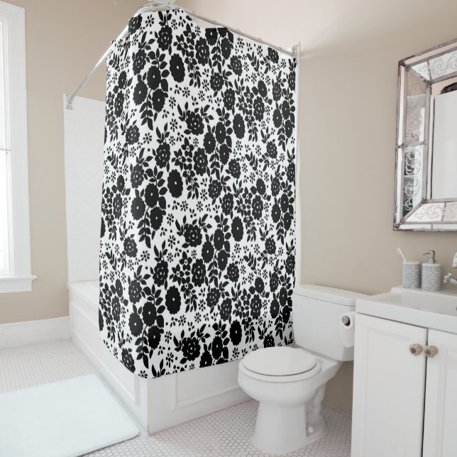 Vintage Motif Fleur Noir Grand rideau de douche (En situation)