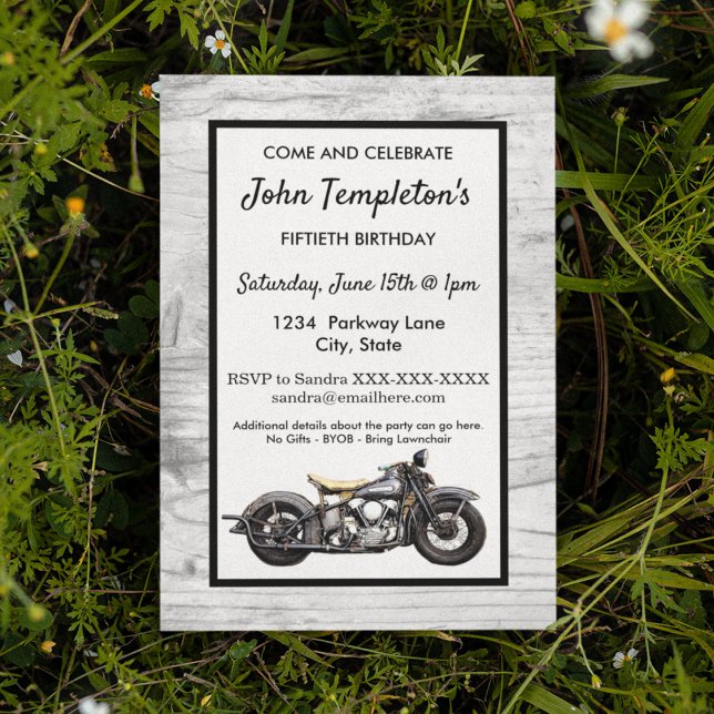 Vintage Motorcycle Antique Birthday Party Men's  Invitation (Vintage motorcycle birthday invitation that can be customized for any age.)