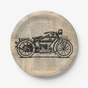 Vintage Motorcycle Art Newspaper Text Style Paper Plate
