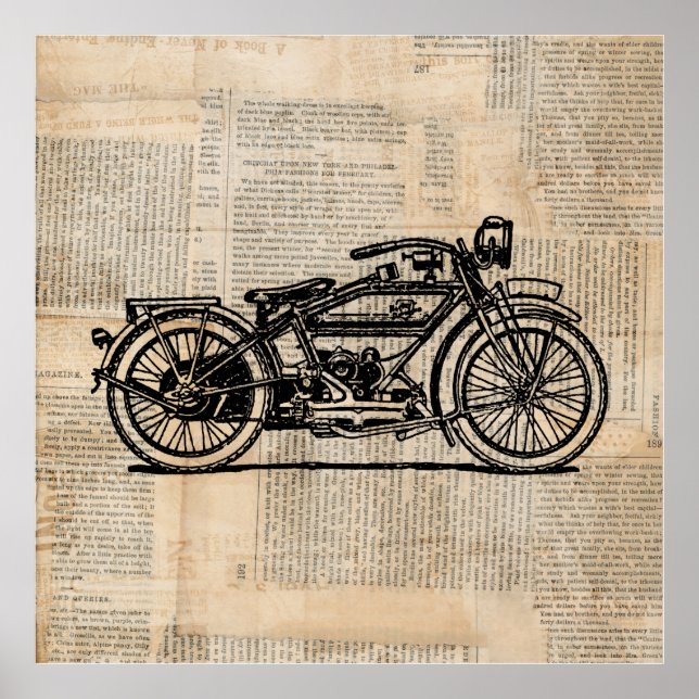 Vintage Motorcycle Art Newspaper Text Style Poster (Front)