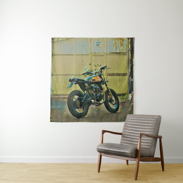 Vintage motorcycle art tapestry (In Situ)