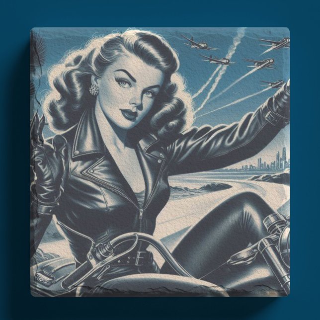 Vintage Motorcycle Pin Up Stone Coaster (Creator Uploaded)