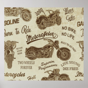 Vintage motorcycle silhouettes: seamless backgroun poster