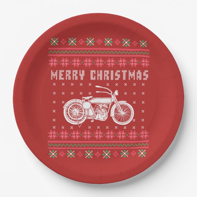 Vintage Motorcycle Ugly Christmas Sweater Paper Plate (Front)