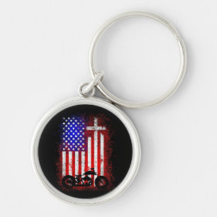 Vintage Motorcycle USA Flag Christian Faith for Bi Keychain