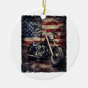 Vintage Motorcycle USA Flag Retro Biker American Ceramic Ornament