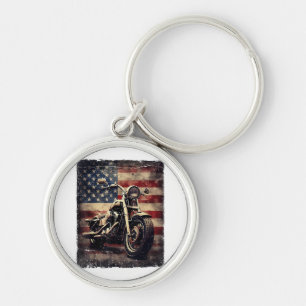 Vintage Motorcycle USA Flag Retro Biker American Keychain