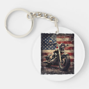 Vintage Motorcycle USA Flag Retro Biker American Keychain