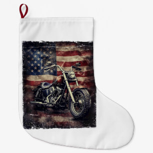 Vintage Motorcycle USA Flag Retro Biker American Large Christmas Stocking