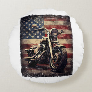Vintage Motorcycle USA Flag Retro Biker American Round Pillow
