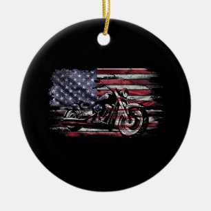 Vintage Motorcycle USA Flag Retro Biker, Motorcycl Ceramic Ornament