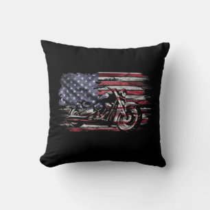 Vintage Motorcycle USA Flag Retro Biker, Motorcycl Throw Pillow