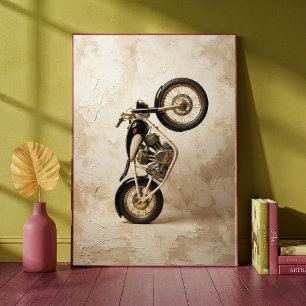 Vintage Motorcycle Wheelie Minimalist Beige Art Poster