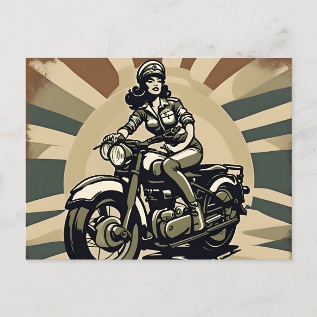 Vintage Motorcycle Woman Postcard (Front)