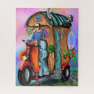 Vintage Motorhome  World Travelling Girl - Paintin Jigsaw Puzzle