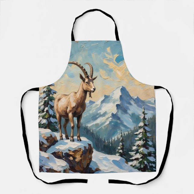 Vintage Mountain Goat on Frosted Christmas Ridge Apron (Front)