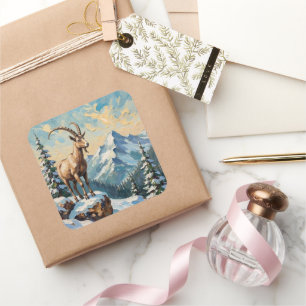 Vintage Mountain Goat on Frosted Christmas Ridge Square Sticker