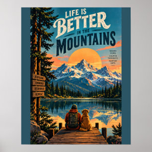 Vintage Mountain Lake Sunset Scene with Inspiratio Poster
