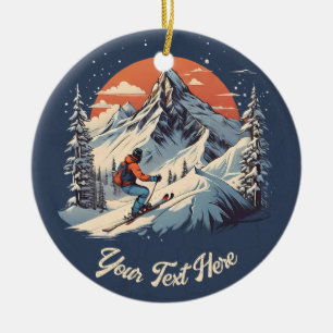 Vintage Mountain Pine Skiing orange Sunset  Ceramic Ornament