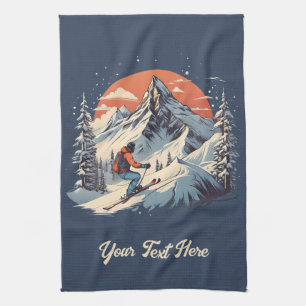 Vintage Mountain Pine Skiing orange Sunset  Kitchen Towel