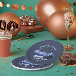 Vintage Mountain Sunset outdoor lake Retreat blue Paper Plate