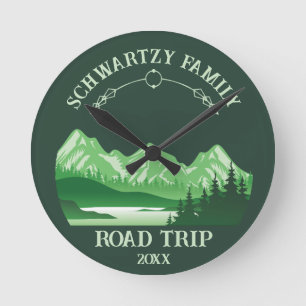 Vintage Mountain Sunset outdoor lake Retreat green Round Clock